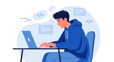 Young Programmer Typing Code On His Laptop During Work At Home Concept