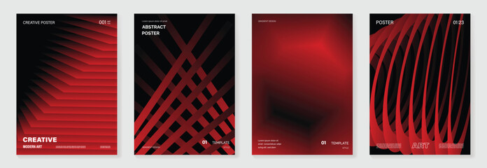 Wall Mural - modern gradient poster on dark background vector set. cover template with red geometric shapes, wavy