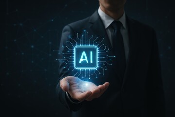 artificial intelligence concept with businessman holding ai icon