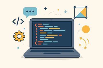 Vector illustration of laptop with computer programming code on screen, digital coding symbols, and design elements around, technology concept with a light background for software development