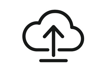 Cloud upload icon vector, black outline cloud with upward arrow, isolated transparent background, cloud storage, internet data transfer, sync symbol, digital file sharing, web app illustration