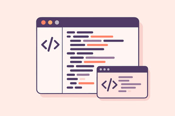 Abstract vector illustration of programming code editor window, software development code on screen, colorful lines, coding workspace, web development UI, flat cartoon, light pink background