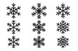 © Jonas - Black snowflake icons set. Winter snowflake vector symbol collection. Minimalist snow crystal line art. Isolated snowflake decorative elements. Simple seasonal transparent PNG clipart illustration