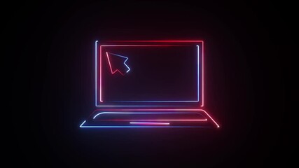 Glowing neon laptop screen mouse pointer signs on a black background animation.