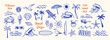 © cddesign.co - Hand-drawn beach-themed vector set with summer doodles like waves, palm trees, shells, crabs, sunglasses, and surfboards. Perfect for vacation designs, t-shirt prints, and tropical projects.