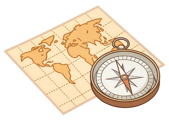 Vintage compass and world map illustration isolated on a transparent background navigation travel