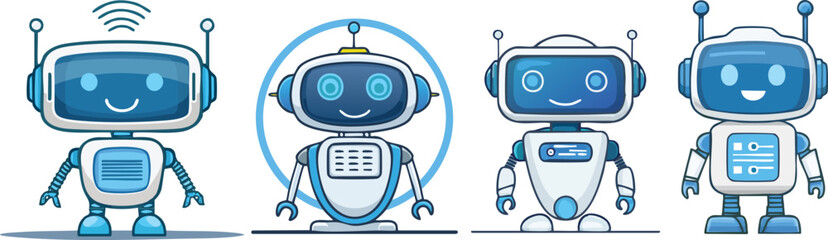 Collection of cute cartoon robot characters and chatbot mascots