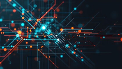 Abstract visualization of a digital neural network with glowing data streams and interconnected nodes on a dark background.