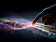 © Mister - Close-up of a hand interacting with abstract digital elements in a futuristic cyberspace setting, characterized by fluid colorful dots and light waves - AI-Generated