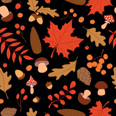 Wall Mural - Seamless pattern falling leaves, acorns, cones, berries, mushrooms. Vector color bright red brown autumn texture, hand drawn in doodle flat style. Concept of forest, leaf fall, nature, thanksgiving