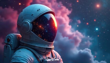 Wall Mural - A cosmonaut's helmet reflects the vast expanse of space, stars, and nebulae; a powerful image symbolizing space exploration and the mysteries of the cosmos , constellations, technology
