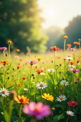 Wall Mural - A gentle summer breeze ripples across a field of wildflowers, bending their delicate stems The sun dapples the scene, creating a sense of calm and serenity in nature's embrace , scenic, nature