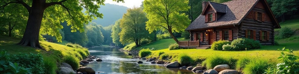 Wall Mural - A tranquil stream flows alongside a charming rustic house nestled amongst lush greenery, sunlight dappling the water and wooden exterior , light, charming, whimsical