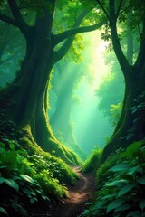 Wall Mural - Lush, vibrant rainforest teeming with life Sunlight filters through the dense canopy, illuminating the vibrant green undergrowth and ancient trees A mystical and serene scene , depth, water