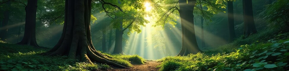 Wall Mural - Majestic ancient forest trees stand tall, sunlight dappling through leaves creating a magical atmosphere Perfect for nature, ecology, and environmental themes , habitat, organic, woodland