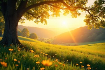 Wall Mural - Serene landscape bathed in golden sunlight, conveying a sense of peace and spiritual awakening Perfect for meditation, mindfulness, or religious themes , nature, trees