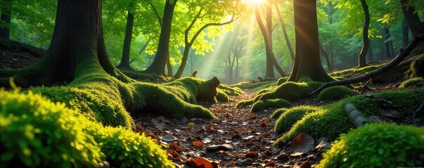 Wall Mural - Sun-dappled forest floor, lush green moss covering ancient fallen logs, dappled sunlight filtering through leaves, peaceful woodland scene , timber, forest floor