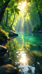 Wall Mural - Sunlight dappling through leaves onto a clear water surface, creating shimmering reflections Perfect for nature, serenity, and environmental themes , sunlight, sunlight reflection
