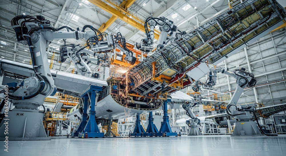 Aircraft Assembly: Robotic Arms Welding Airplane Fuselage in Factory ...