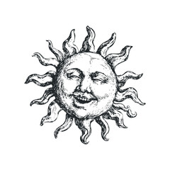 Wall Mural - Engraved depiction of a smiling celestial sun face with rays radiating outwards