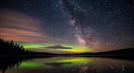 Milky Way and Aurora Borealis Reflected in Calm Lake at Night, Forest Silhouette