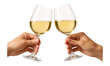 © OMD - Two hands clinking wine glasses filled with white wine on transparent background.