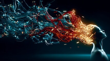 Wall Mural - a surreal image of a woman's profile merging with glowing, colorful network cables symbolizing conne
