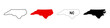 © Chelpanoff - North Carolina map icon set. State outline, solid red, dotted NC sign and filled silhouette symbol. Southeast USA pictogram. Raleigh capital and coastline illustration.