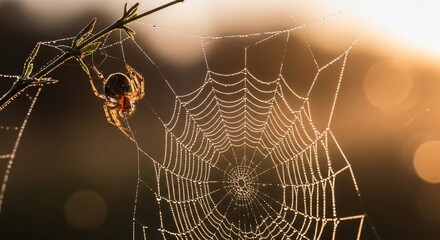 Spider on Dew-Kissed Web at Sunrise, Close-Up Macro Shot