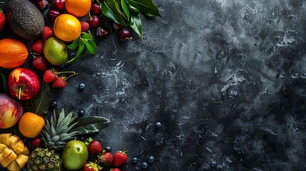 Wall Mural - Composition with fruits and berries on dark textured background with copy space. Perfect background for food photography or blogging. Healthy eating concept.