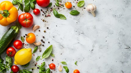 Wall Mural - Still life with vegetables and spices on a light background for design. The perfect backdrop for food photography or blogging