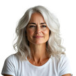 © CrazeePixelINC - Front view close up of an extremely beautiful 65-year-old woman from Canada in a white t-shirt smiling isolated on a white transparent background.