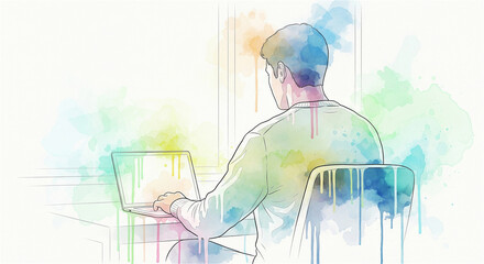 A colorful watercolor illustration of the back of a man working from home at a computer