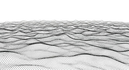 Abstract digital landscape of flowing particles creating a wavy terrain surface