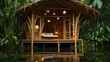 © MD AL AMIN - Tranquil bamboo hut with soft lighting nestled in lush tropical foliage