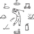© Miss - Modern Hand-Drawn Golf Icon Pack Golf Swing, Putting Green, Flagstick, Golf Cart, Golf Cap, Sand Trap, Golf Towel, and Ball Marker