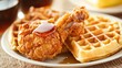 © ABDUL - Delicious Chicken and Waffles with Maple Syrup on a White Plate