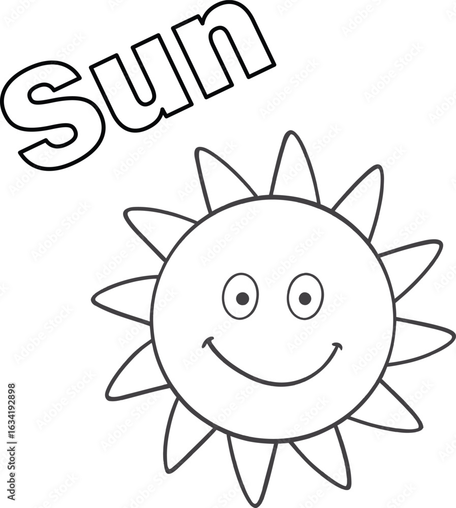 Cute kawaii sun coloring page for kids, black and white vector ...