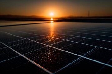 Solar Panel Array Reflecting Sunset, Renewable Energy Technology Concept