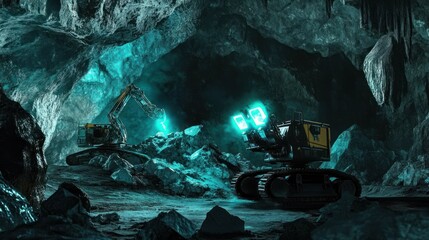 Mining machinery in a turquoise cave
