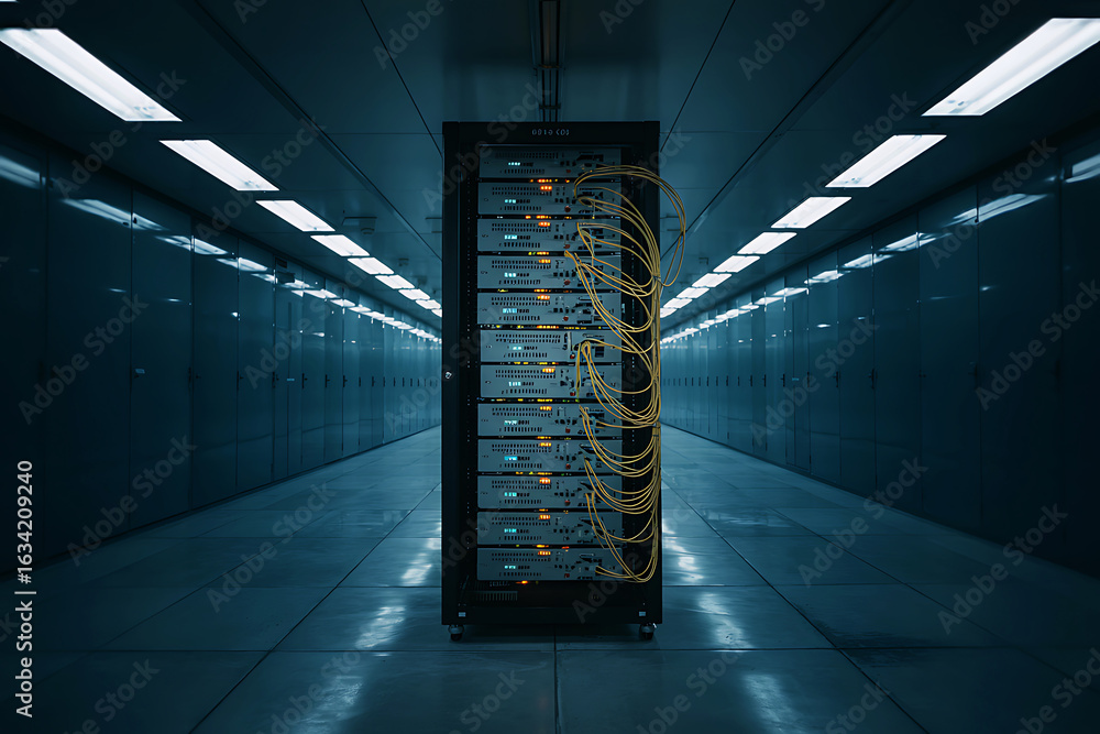Single Server Rack in a Dark Data Center Corridor with Yellow Cables ...