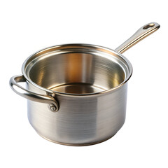 An empty stainless steel saucepan with a handle, isolated on white background, showcasing its clean and reflective surface for cooking