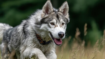  A playful husky running through vibrant grass.