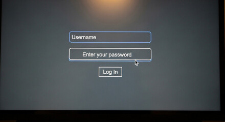 A login screen with username and password fields and a log in button displayed on a monitor