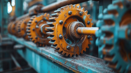 A line of vibrant orange gears of an unknown complex mechanism. Gears are the focal point of the scene.