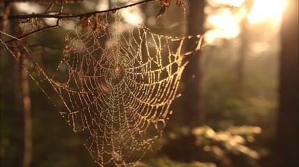 Sunlit Dewy Spider Web in Forest