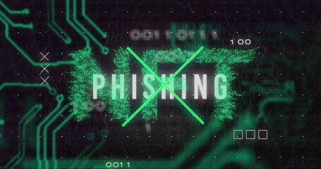 Wall Mural - Displaying PHISHING text glitching on dark interface, with neon green X lines and circuit traces