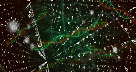 Sticker - displaying green and orange dna helices across dark digital space, with swirling numeric streams