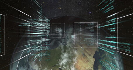 Wall Mural - displaying earth orb rotating in outer space with floating interface panels and neon-blue code