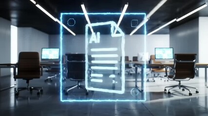 Futuristic office space featuring AI document hologram with modern desks and screens in background